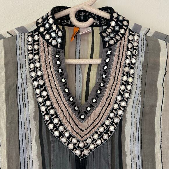 Anu shift tunic striped 3/4 sleeve beaded neckline lightweight vacation boho L - Picture 3 of 12